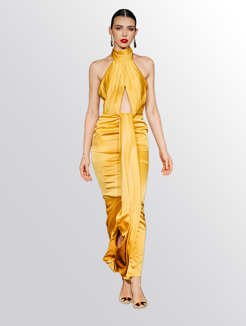 Gold Pleated Halter Neck Evening Dress - Elantur Gold Pleated Halter Neck Evening Dress - Elantur