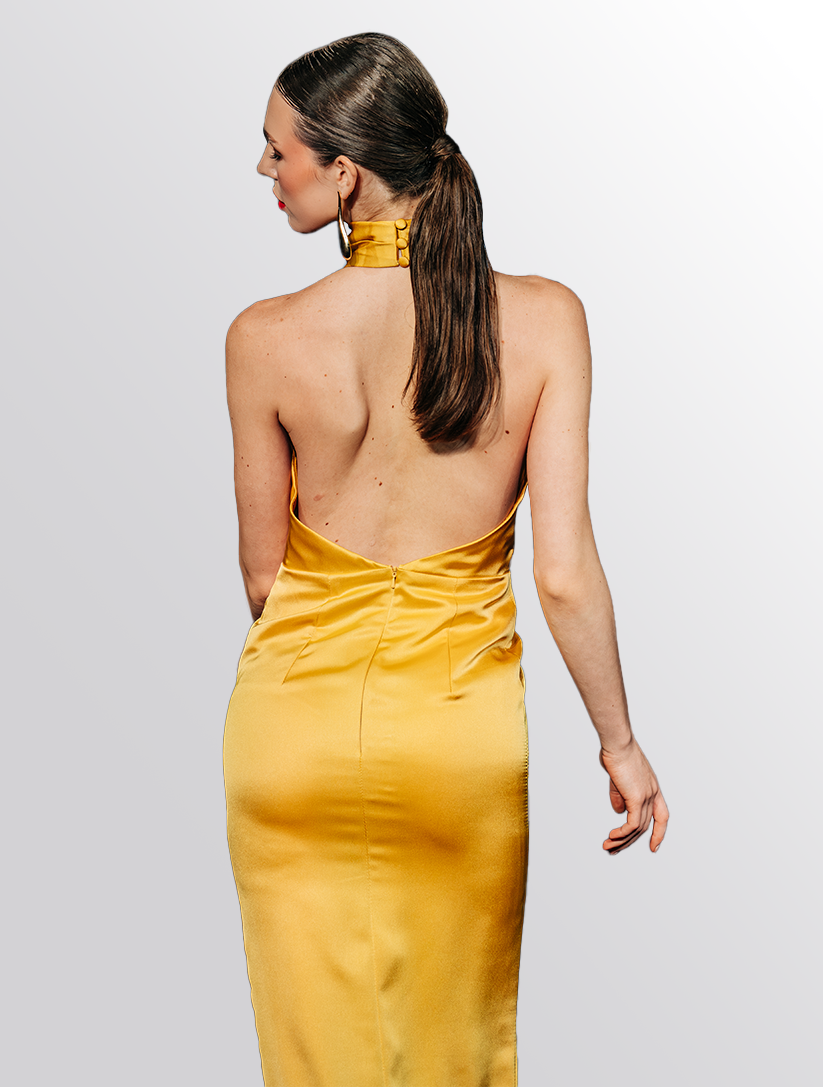 Gold Pleated Halter Neck Evening Dress - Elantur Gold Pleated Halter Neck Evening Dress - Elantur